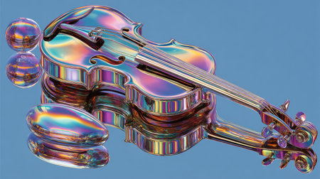 Vibrant holographic violin with iridescent colors, positioned over a light blue background, with mirrored, reflective orbs or spheres. The design features a contemporary aesthetic, and the glossy, mirroring surface of the violin and the orbs creates an engaging visual composition with a variety of geometric shapes and colorful reflections.の素材