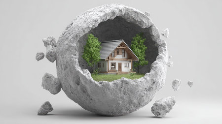 Miniature model of a small house is situated within a hollowed-out sphere of gray concrete. The sphere's surface is textured and shows signs of fracturing, with pieces of concrete scattered around it. The house is surrounded by grass and small trees, giving it a miniature landscape feel.  The image's overall style is minimalist and abstract.の素材