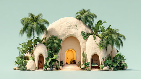3D rendering of a stylized, secluded house, resembling a cave dwelling, situated amongst lush tropical foliage. The house features arches, a yellow door, and warm lighting, creating a peaceful and inviting atmosphere.の素材
