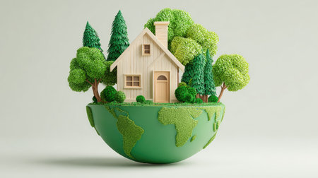 Small, light colored wooden house sits nestled amidst a collection of stylized trees on a textured, green globe. The globe is positioned in a way that creates a peaceful and harmonious image evocative of sustainability and nature.の素材
