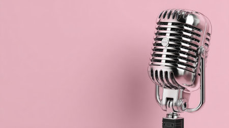 3D rendered vintage-style microphone, with a metallic finish,  is set against a solid pink backdrop. The microphone's design elements and intricate details are clearly visible, including the grill, metal parts, and stand. The lighting and background color contrast emphasize the microphone's form and texture.の素材