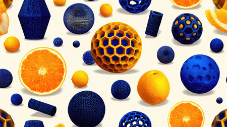 Visually engaging design featuring abstract geometric shapes in vibrant blue and yellow hues.  The shapes are intermingled with stylized slices of oranges.  The design has a repetitive pattern across a light beige background, creating a contemporary and dynamic visual composition.の素材
