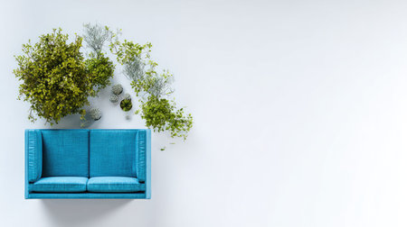 Overhead view of a teal colored sofa with various potted plants arranged on a simple, white background.の素材