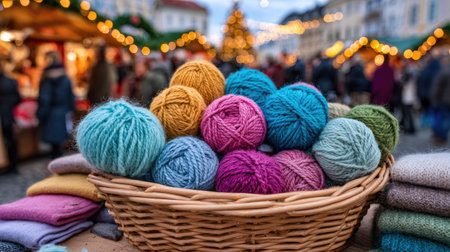 Collection of colorful yarn balls in a wicker basket, displayed at a bustling outdoor Christmas market.  The market scene is out of focus in the background.の素材