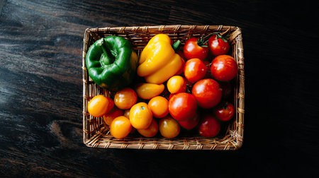 High-angle close-up view of a woven basket filled with a variety of colorful vegetables including tomatoes, bell peppers, and cherry tomatoes. The basket is sitting on a dark wooden surface.の素材