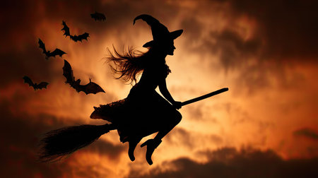 Silhouette of a witch flying on a broomstick against a dramatic sunset sky, with bats flying around her. The image features rich orange and dark tones, creating a mystical and spooky atmosphere.の素材