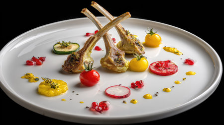Gourmet meal featuring perfectly cooked lamb chops, adorned with colorful vegetables and flavorful sauces, artfully arranged on a white plate against a dark background.  The dish is highlighted for its visual appeal and culinary excellence.の素材