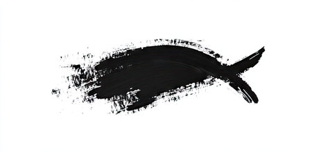 Single, bold, black paint stroke, roughly shaped like a fish, against a pure white background. The stroke displays a textured surface, characteristic of brush application.  The image is well-suited for graphic design, illustrations, and creative projects.の素材