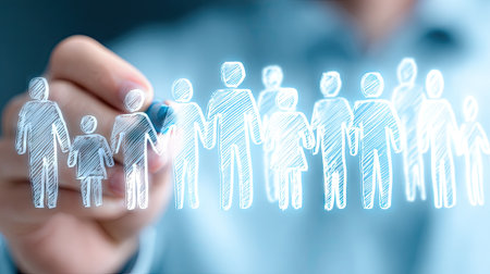 Hand is drawing a group of connected human silhouettes, suggesting a concept of community, interaction, or collaboration.  The silhouettes are drawn with a light, sketched style and appear in a light-blue/white color scheme against a softly blurred background.の素材