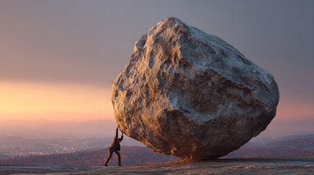 Person is depicted in a landscape, seemingly pushing or trying to move a very large rock or boulder. The image depicts a person with a determined expression against a backdrop of a city skyline at sunrise/sunset.の素材