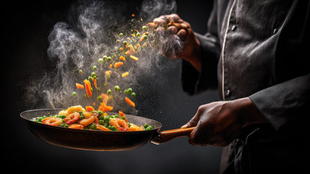 Chef's hands are holding a pan of sauteed shrimp and vegetables. Spices and vegetables are being added to the pan. Steam and smoke rise from the pan. The image features a close-up view of the culinary process and the chef's hands and uniform.の素材