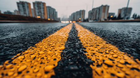 Detailed view of a wet city street, focusing on the texture of the asphalt and yellow lines, marked by water droplets.の素材