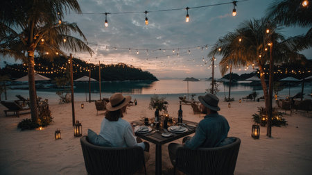 Two people dine on a beach at sunset, enjoying the ambiance of string lights, palm trees, and the ocean view.  The scene evokes a romantic and relaxing atmosphere.の素材