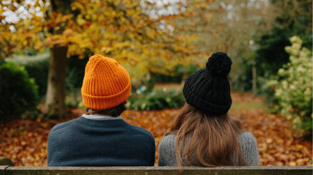 Two individuals are seated on a park bench on a fall day.  They are wearing sweaters and autumn-colored hats. The scene is serene and peaceful.の素材