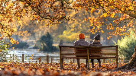 Serene autumn scene in a park. A couple sits on a wooden park bench, gazing at a scenic autumn landscape.  Warm sunlight filters through colorful autumn leaves, casting a beautiful glow on the park.の素材