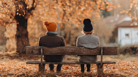 Two individuals are seated on a rustic wooden park bench on a sunny autumn day.  The scene is bathed in warm, natural light, with colorful foliage and a tranquil atmosphere.の素材