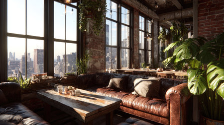 Spacious loft interior, showcasing large windows with a stunning cityscape, a comfortable brown leather sofa, and various potted plants. The room is well-lit by natural sunlight streaming through the expansive windows, creating a warm and inviting ambiance.  Wooden furniture and decor accents are incorporated throughout.の素材
