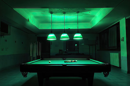 Dimly lit billiard room with a pool table and green hanging lights.  The room is characterized by a monochromatic green light, creating a dramatic and intimate atmosphere.  The pool table and cues are visible, but the rest of the room is subtly detailed.の素材