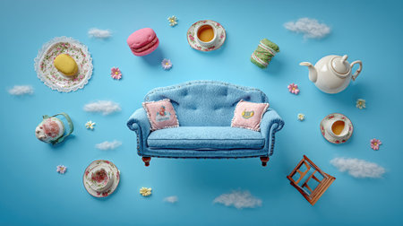 Whimsical and colorful display of miniature tea set items, a couch, and decorative elements.  The pieces are presented in a light blue, pastel color scheme, with clouds, flowers, and other small objects creating a floating or dreamlike effect.の素材