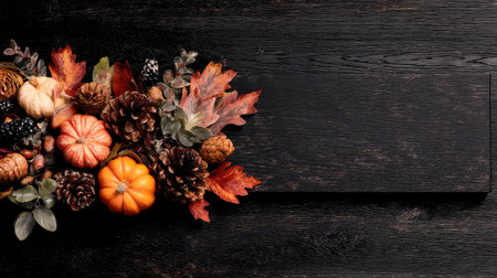 Display of dried gourds, pinecones, leaves, and berries arranged on a dark wooden surface. The arrangement features warm autumnal colors and natural textures.の素材