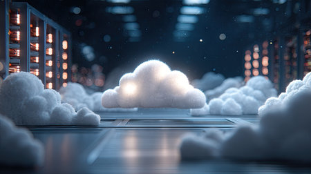 Stylized digital rendering of a cloud formation within a futuristic server room.  The scene features rows of server racks and fluffy white clouds that float in the space, creating a striking visual contrast between nature and technology. The lighting in the image highlights the textures and details of both the cloud and server components.の素材