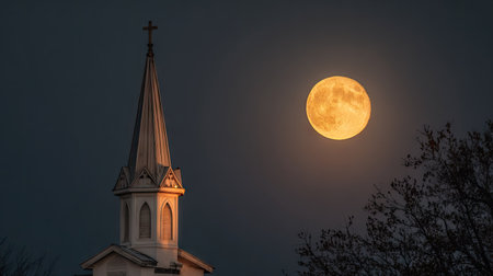 Church steeple, illuminated by the light of a large, orange moon, against a dark night sky.  Bare branches of a tree are visible in the lower right corner of the image.の素材