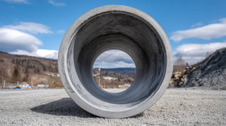 Large gray concrete pipe lies on a gravel surface, set against a backdrop of a partly cloudy blue sky and distant hills.の素材
