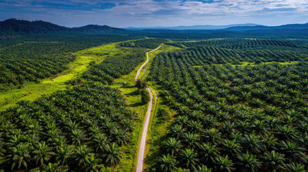 High-angle view of a large, organized palm oil plantation, with rows of palm trees arranged neatly in a pattern. A road runs through the plantation.の素材