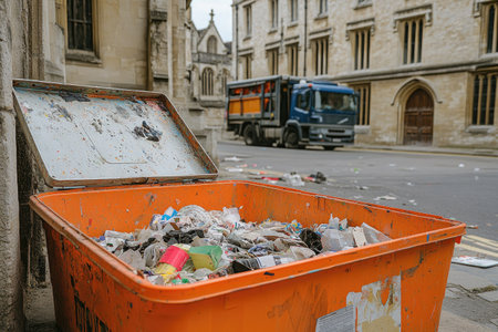 Orange dumpster overflowing with various types of refuse, including paper, plastic, and other discarded items, sits on a city street.  A truck is visible in the background.の素材