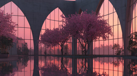 Indoor space with a reflecting pool, showcasing a beautiful view of pink cherry blossom trees, reflected in the water. Large windows show the pink sunset or sunrise scene outside. The modern architecture is a key feature.の素材