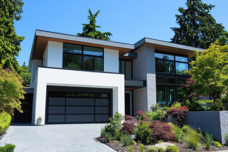 Modern, two-story house with a white facade, gray stone accents, and a large garage, set in a well-landscaped yard.  The house features large windows and a contemporary design.の素材