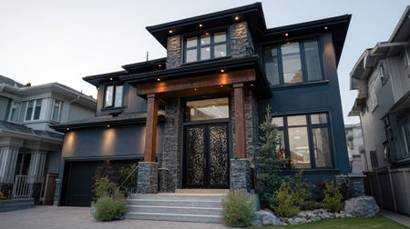Modern home with a dark gray facade, stone accents, and a wooden entryway. The home features large windows and a striking front door.  Landscaping and lighting are also present.の素材
