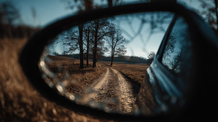 Country lane is reflected in the side mirror of a car.  The image shows a path winding through a field, with trees along the edges, and a clear sky. The focus is on the scene outside the vehicle, as viewed by the driver.  The reflective qualities of the car mirror subtly distort the scene.の素材
