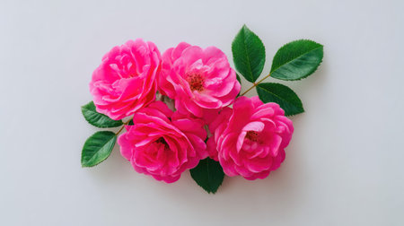 Top-down view of a small arrangement of vibrant pink roses with lush green leaves. The roses are clustered together on a light gray background, creating a visually appealing and delicate composition.  The focus is on the beauty and freshness of the flowers.の素材