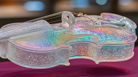 Meticulously detailed, iridescent violin constructed from translucent glass, showcasing intricate, decorative patterns.  The glass exhibits a stunning rainbow effect.の素材