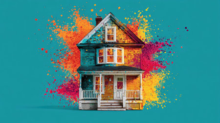 Vibrant, colorful depiction of a weathered house with a porch and multiple windows. The house's exterior appears to have paint splatters and a variety of colors applied to its surface.の素材