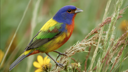 Close-up view of a colorful Painted Bunting perched on a blade of tall grass amidst wildflowers. The bird displays a striking array of colors, including shades of blue, yellow, red, and green. The natural background elements, including the out-of-focus grasses and flowers, create a picturesque setting.の素材