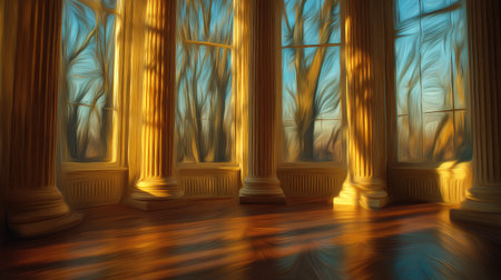 Digitally painted illustration of a grand room, likely a part of a stately home, with large arched windows showcasing trees in the golden light of a late afternoon sun.  The room is characterized by stately columns and a richly colored wooden floor.  Warm golden hues dominate the image.の素材