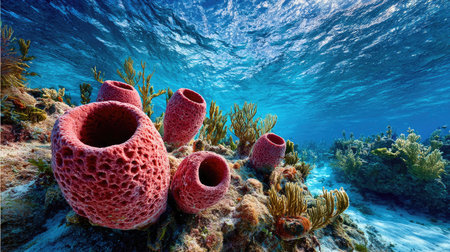 Close-up view of a diverse coral reef ecosystem, featuring numerous vibrant pink sea sponges of various shapes and sizes, nestled within a coral structure. The image showcases the rich colors and textures of the underwater environment.の素材