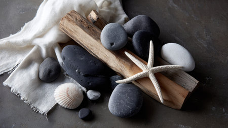 Close-up view of various natural elements arranged on a dark gray surface.  The arrangement includes smooth stones in shades of black and gray, a starfish, seashells, and pieces of driftwood. A piece of white fabric is also present in the composition.の素材