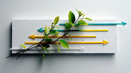 Graphic design featuring a sprig of greenery positioned among a series of colorful arrows on a textured white surface. The arrows point in multiple directions, while the sprig implies growth and progress. The overall effect is a contemporary and vibrant visual representation of forward movement and different paths.の素材