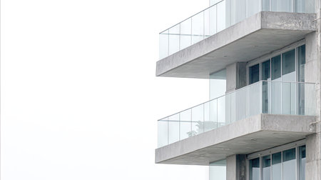 Close-up view of a section of a modern concrete building, showcasing multiple balconies with glass railings. The balconies are part of the building's exterior and are supported by concrete slabs. The image highlights the architectural design elements of the building.の素材
