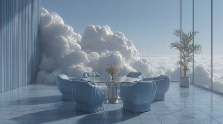 Light-blue interior space with a panoramic view of puffy clouds.  A glass table and light-blue chairs are situated in the room.  Large windows offer a complete view of a vast expanse of clouds.の素材
