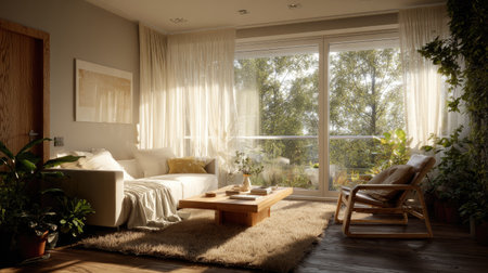 Modern living room, bathed in natural light, showcasing a comfortable beige couch, a wooden armchair, and various houseplants. Large windows offer a serene view of lush green trees outside.  The room's decor exudes a calm and inviting atmosphere with simple, natural elements.  A coffee table sits in the center of the room.の素材