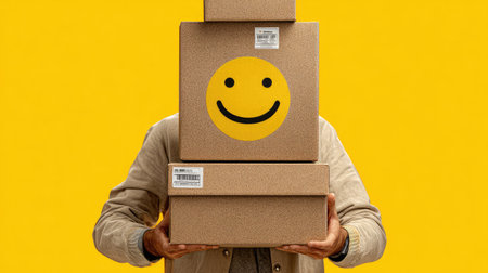 Person is holding a stack of brown cardboard boxes, each with a yellow smiley face sticker on them.  The boxes are stacked vertically.  The person is centered against a bright yellow background.の素材