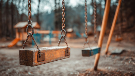 Close-up view of a wooden swing set with rusty chains in a deserted playground.  The playground equipment is out of focus in the background, suggesting the area is empty and unused.の素材