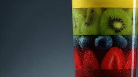 Close-up view of a glass filled with layered, sliced fruits, including kiwi, strawberries, and blueberries. The fruits are arranged in vibrant bands of yellow, green, and red, and are seen through the clear glass. Water droplets cling to the fruit and the glass, adding to the visual appeal.の素材