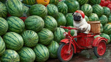 Pug puppy wearing a helmet is sitting on a small red tricycle with a basket, surrounded by many watermelons.の素材