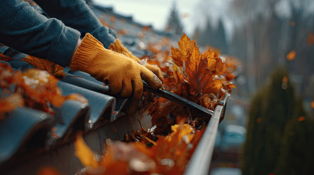 Close-up view of a person wearing work gloves cleaning fallen autumn leaves from a gutter on a house roof. The roof is made of gray shingles.の素材