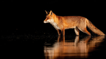 Red fox standing in shallow water at night, with a strong reflection on the still water's surface. The surrounding area is dark.の素材